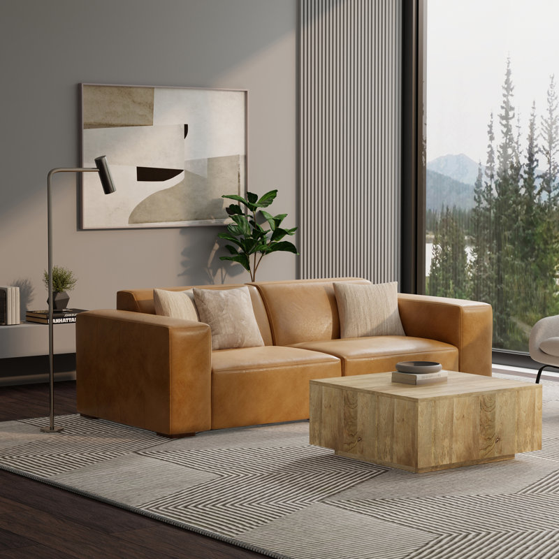 Rex Large 2-Seater Sofa in Genuine Leather Living Room Couch, Modern Boxy Design with Extra-Wide Armrests, Handcrafted
