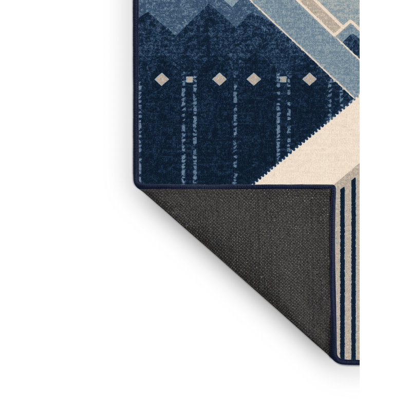 Tapis moelleux moelleux bleu à motif de blocs d'inspiration mondiale Eberhard, Carré 4 pi