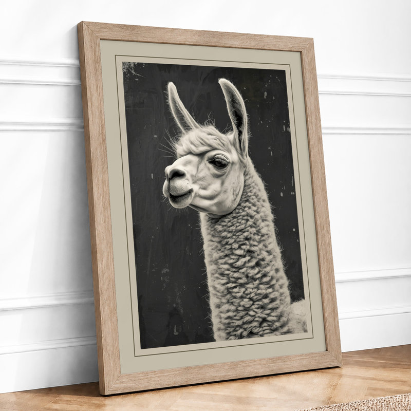 Alpaca Portrait Japandi - Framed Print, Oak, A3 - 42.0 x 29.7 cm