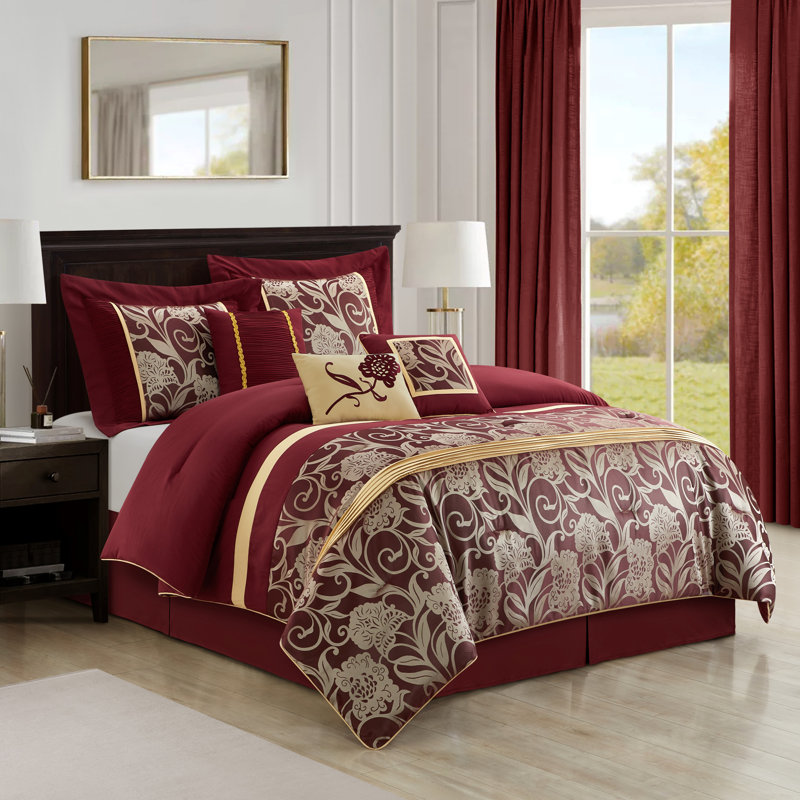 Fennville Microfiber 7 Piece Comforter Set, Queen Comforter + 6 Additional Pieces, Red/Gold