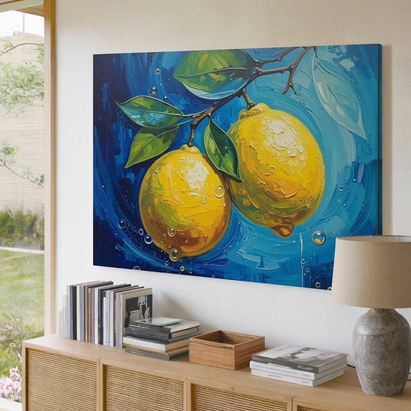 Art mural sur toile, branche de citron audacieuse, peinture à l'huile sur toile avec fond bleu tourbillonnant