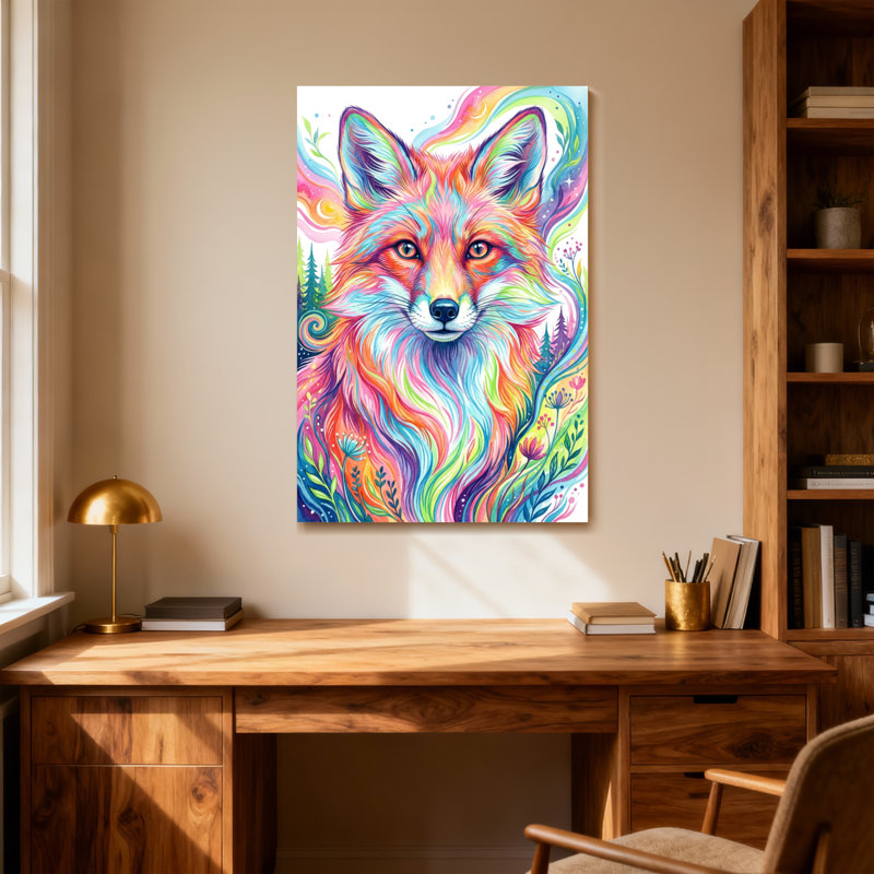 Animaux, renard coloré avec fourrure arc-en-ciel et fond de forêt, H 20 po x l 30 po
