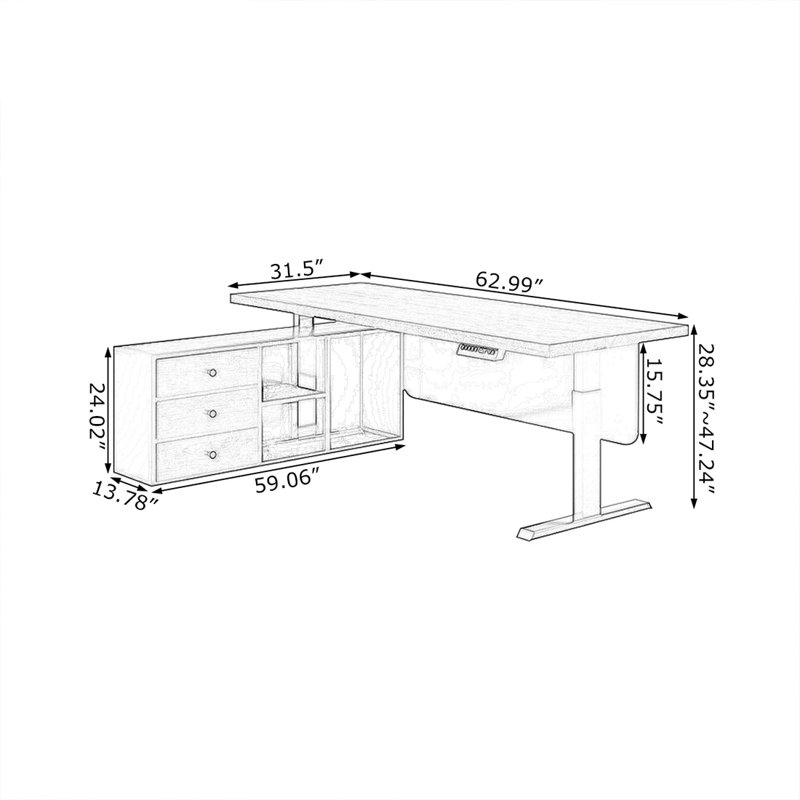 Bureau rectangulaire en bois massif noir, Retour à gauche, 47.24" H x 62.99" W x 31.5" D