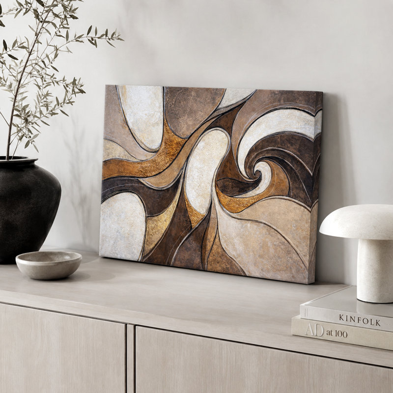 Œuvre abstraite de courbe fluide or brun, images de salon de luxe, impression sur toile encadrée, impression numérique