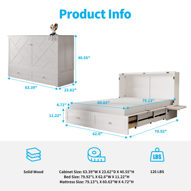 Queen Murphy Cabinet Bed with Mattress & USB Charging Station, White, White
