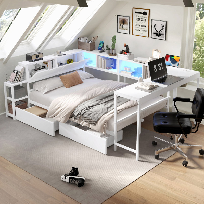 Structure de lit d'angle simple avec bibliothèque et 2 tiroirs de rangement sous le lit, lit moderne avec éclairage à DEL et station de charge, interchangeable gauche et droite
