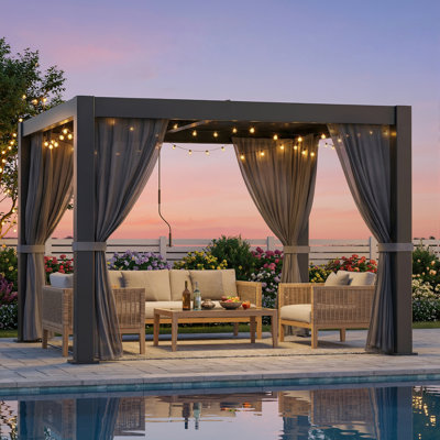 10 x 10 FT Outdoor Aluminum Louvered Pergola with Adjustable Roof and Curtains