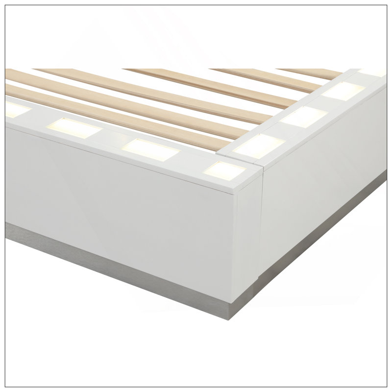 Grand lit à DEL en bois blanc laiteux