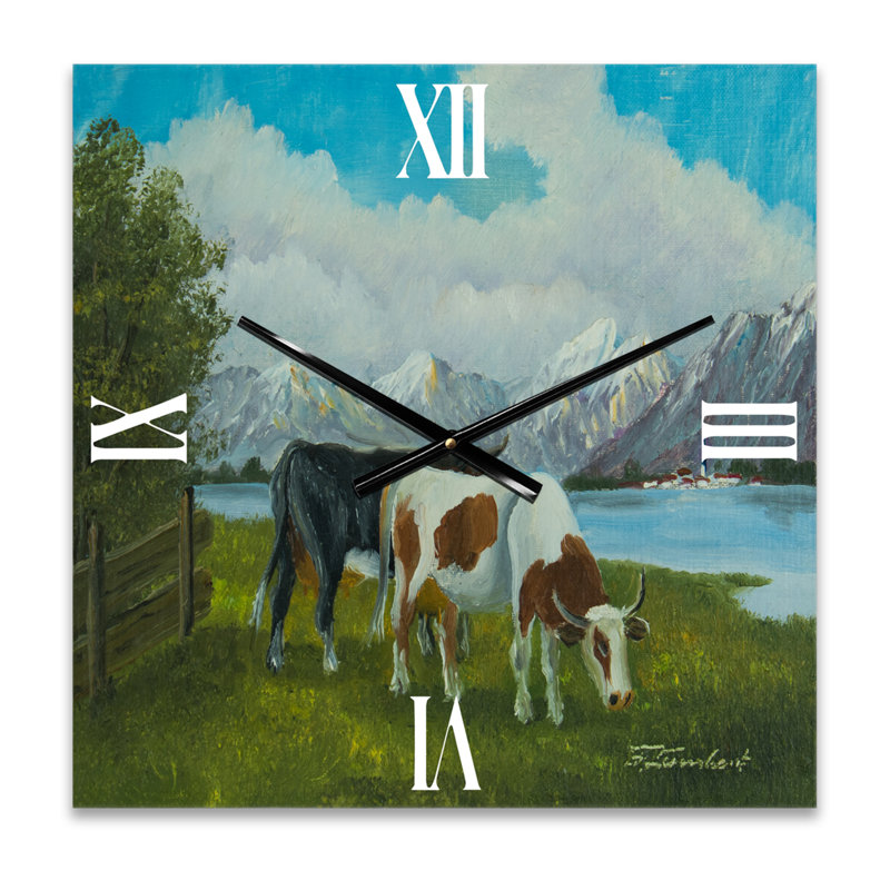 F une vache noire et tachetée devant un lac - Horloge murale de ferme, Grand