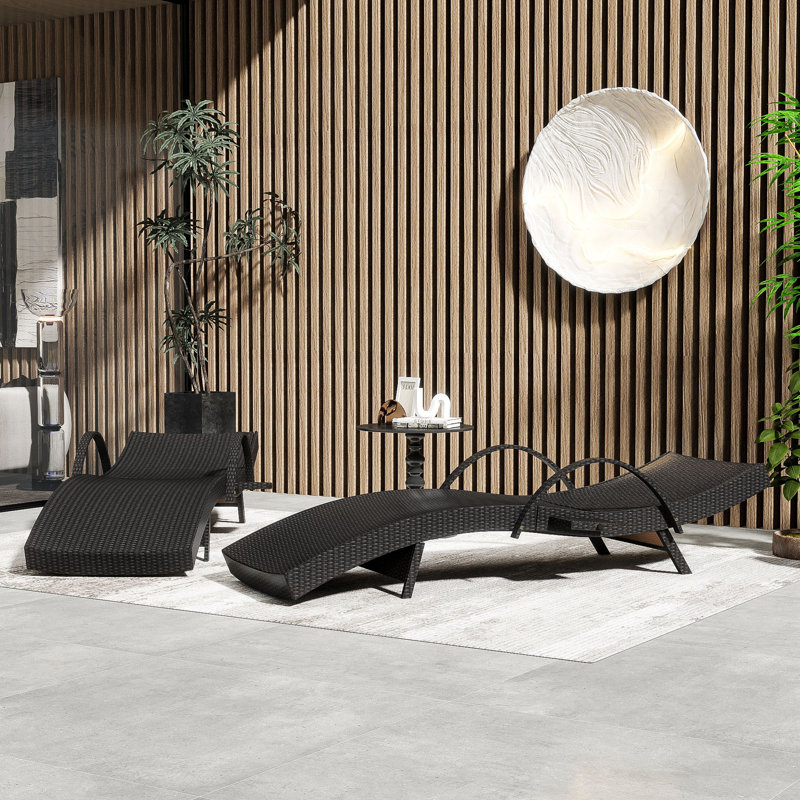 All-Weather Wicker Patio Chaise Lounge Set with Pull-Out Side Table and Adjustable Backrest, Dark Brown