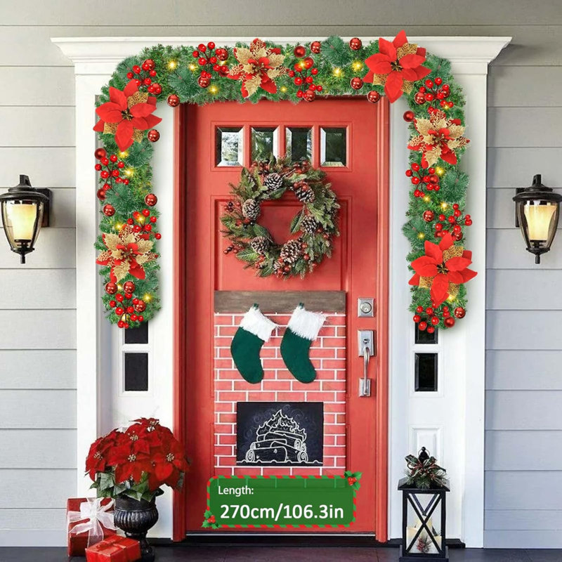 9FT Pre-Lit Christmas Garland with Lights, Green Pine Decorated with Red Flowers, Balls, Berries, 30 LED Warm White Battery Operated Garland for Stairs, Fireplace, Table Display, Christmas Decorations