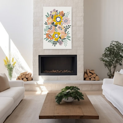 «Happy Cozy», scandinave, floral, bouquet, audacieux, coloré, contemporain, renoncule, marguerite, mousse, nature, art mural