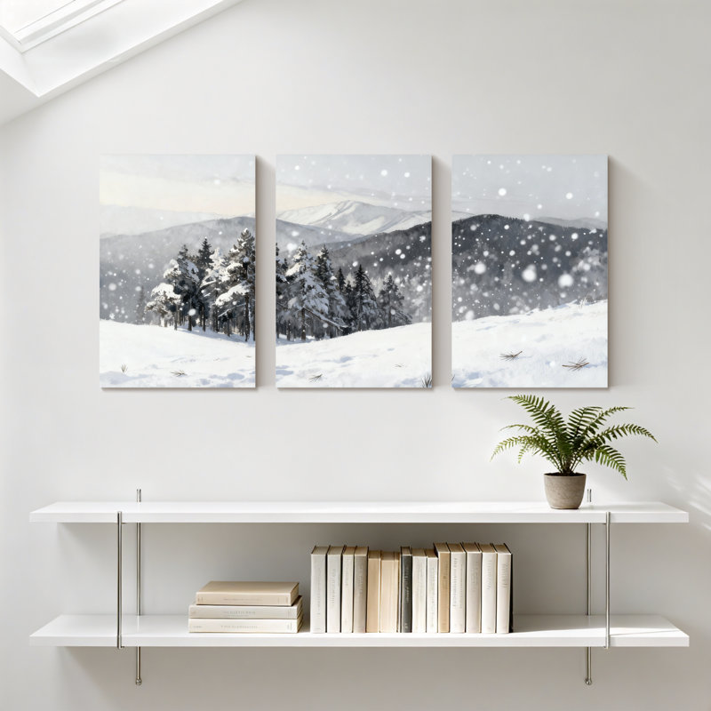 Paysage d'hiver enneigé avec arbres et montagnes, ensemble de 3 impressions sur toile, H 24 po x l 48 po