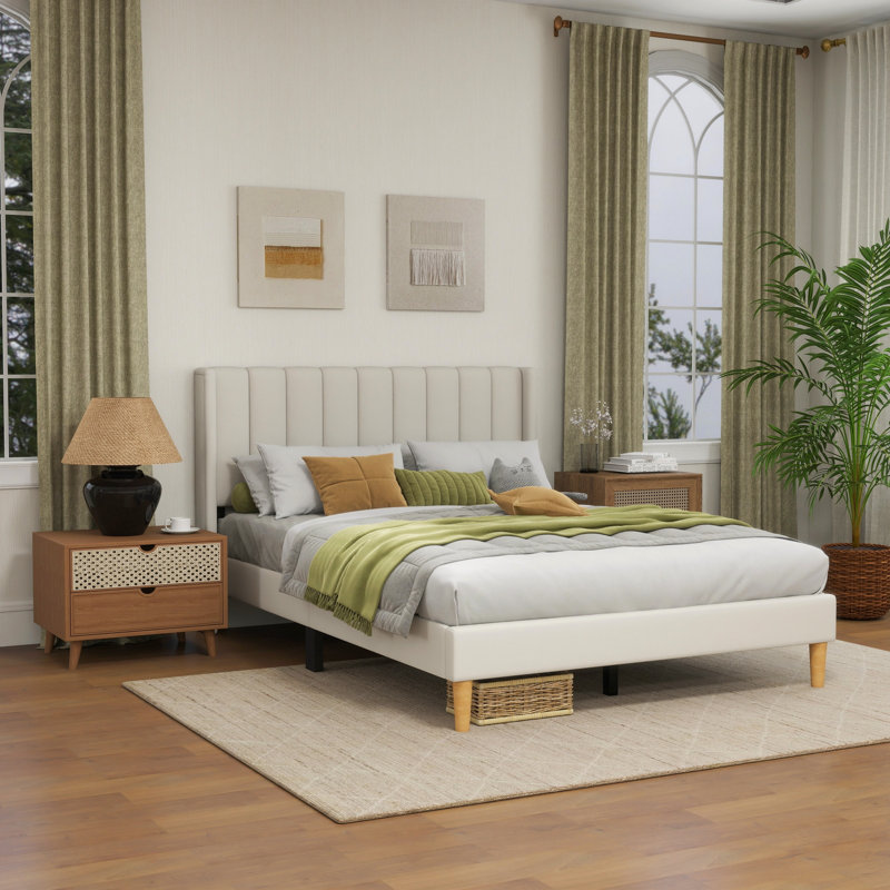 Sutter Upholstered Wingback Bed, Full / Double, Beige