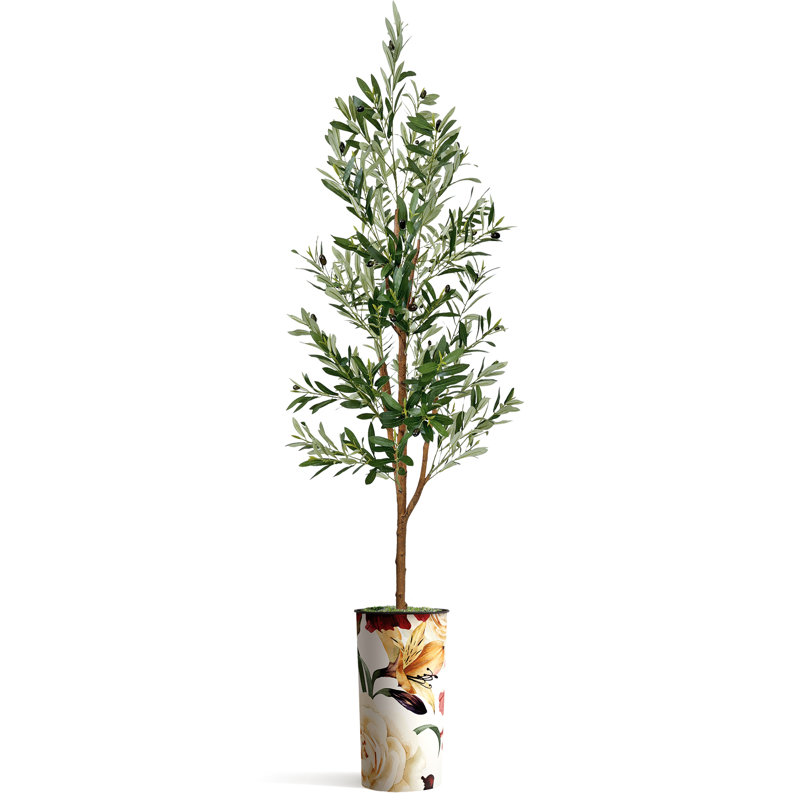 107'' Faux Tree in Planter, Peony Red Yellow