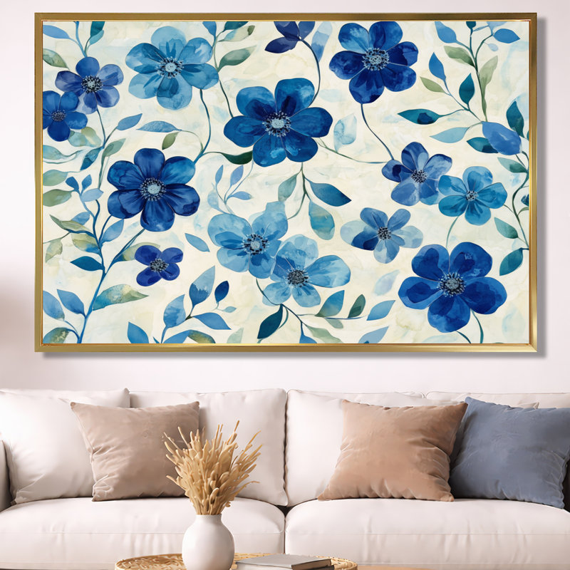 Art mural fleurs bleues sauvages, décor de toile de prairie, Freddie, H 40 po x l 60 po, Cadre flottant doré
