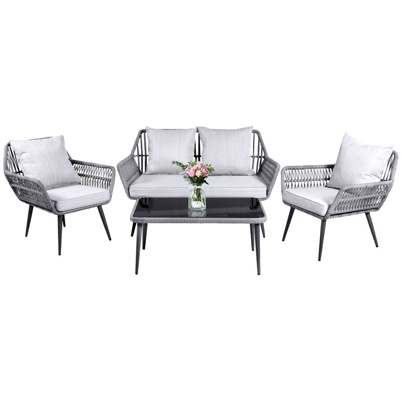 4 - Person Patio Wicker Conversation Sets With Gray Cushions