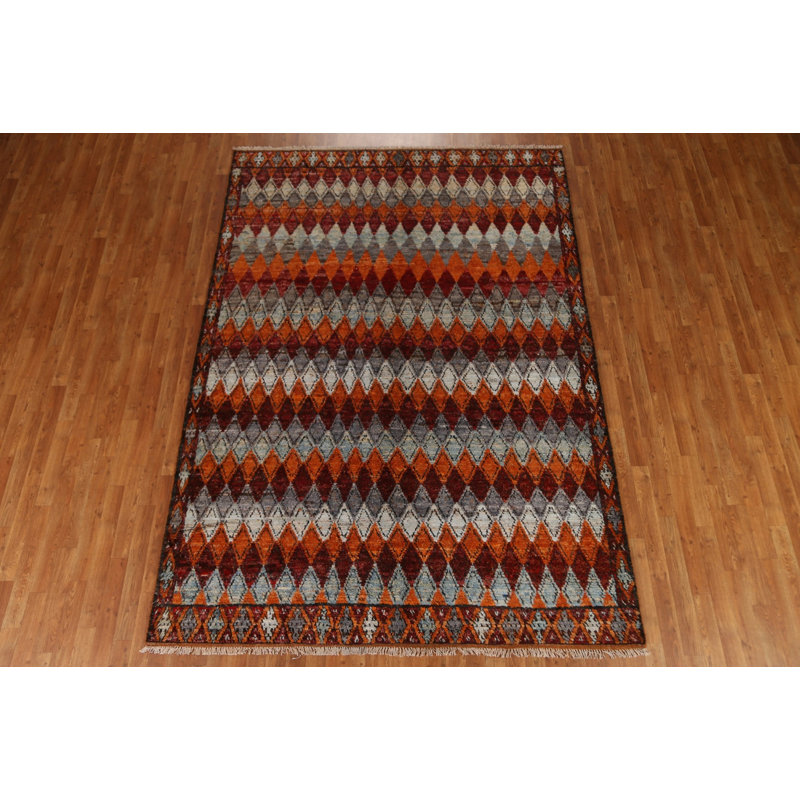 Tapis gris / orange / rouille en laine noué à la main de conception unique 7 pi x 9 pi 9 po New Age