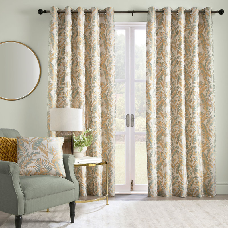 Paradise Palm 100% Polyester Pair of Eyelet Curtains, Duck Egg, Width 117 x Drop 137 cm