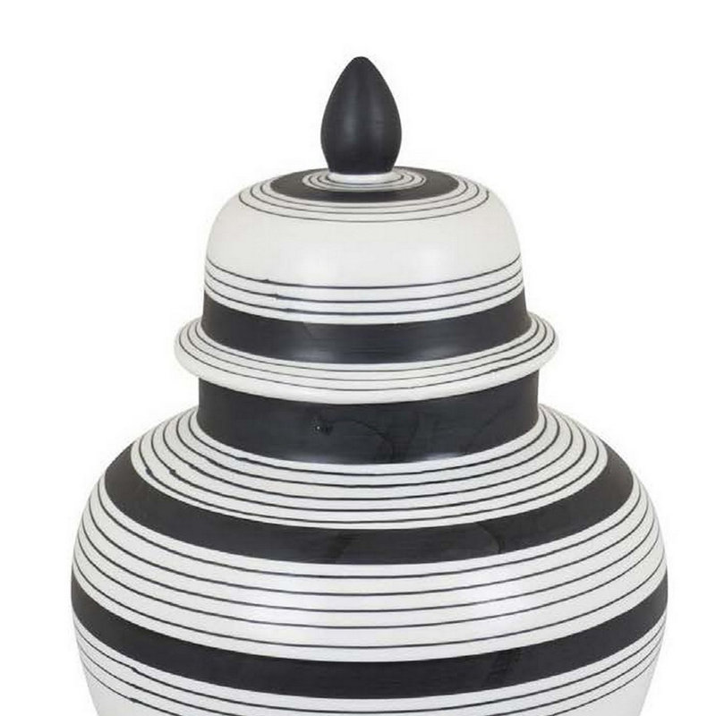 Pot décoratif avec couvercle, contraste minimaliste, lignes bleues blanches, 16 pouces