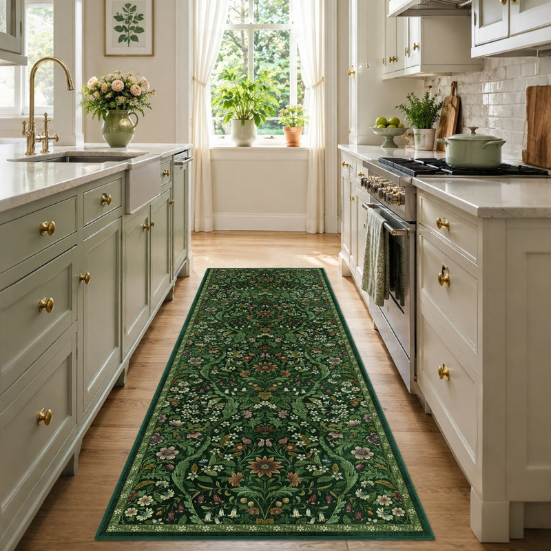 Washable Area Rug - Vintage Boho Botanical Low-Pile Rug, Dark Green, Runner 3' x 7'