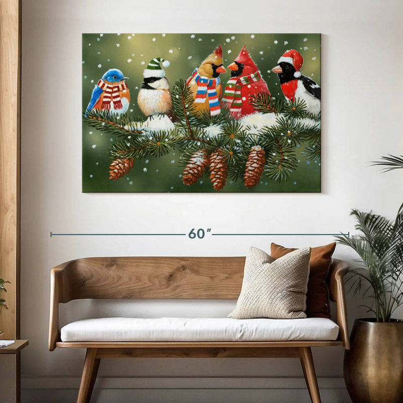 Oiseaux festifs sur une branche enneigée, H 32 po x l 48 po