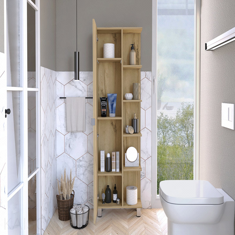 Armoire à miroir en lin, quatre tablettes intérieures, cinq tablettes extérieures - chêne clair, Beige