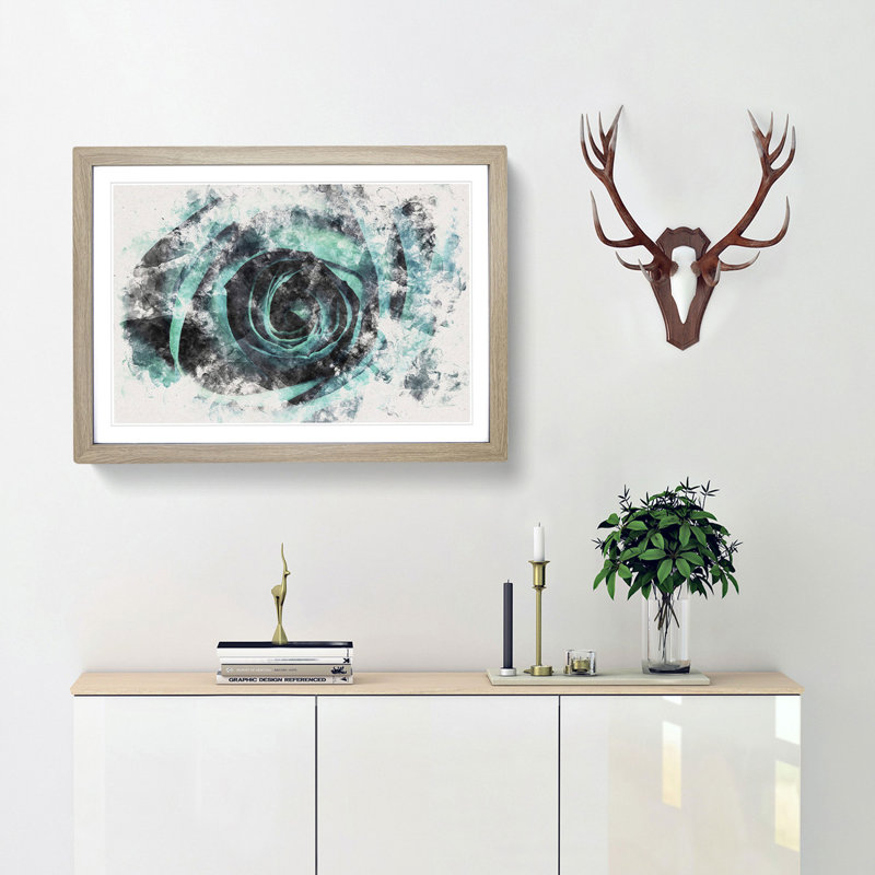 A Teal Rose Watercolour - Picture Frame Graphic Art Print, Oak Framed, 40cm H x 60cm W x 2cm D