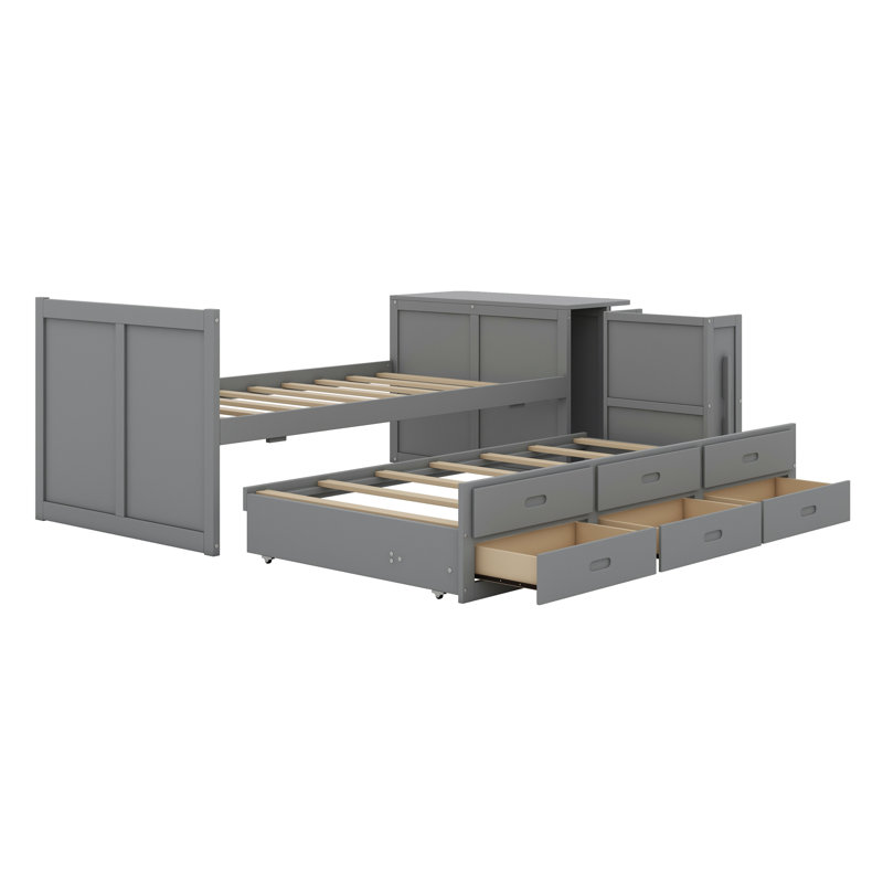 Lit plateforme avec bureau et tablette de rangement au bout du lit, lit gigogne intégré et 3 tiroirs, Grey