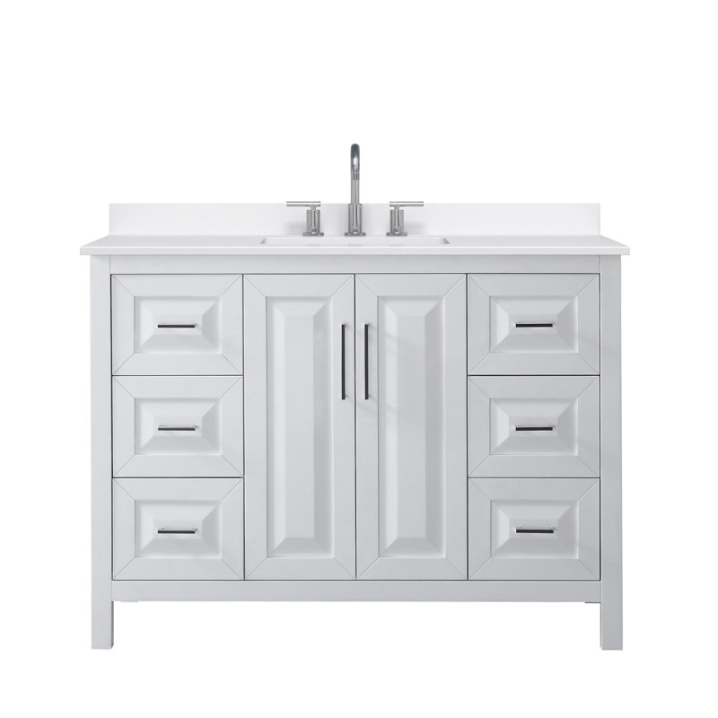 Ensemble de meuble-lavabo simple 48 po avec plateau en quartz Daria, Quartz blanc, Blanc, Chrome poli