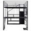 Lit mezzanine double en métal avec poste de travail intégré, garde-robe, escalier de rangement et DEL, noir