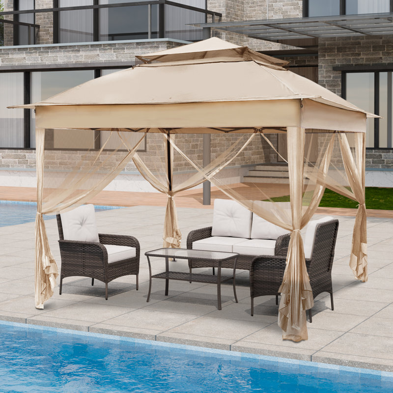 11 Ft. W x 11 Ft. D Outdoor Pop Up Soft Top Steel Patio Gazebo with Netting, Khaki