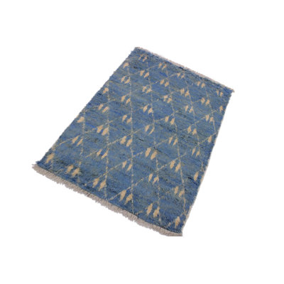 Tapis géométrique bleu en laine noué à la main à motif géométrique 4 pi 1 po x 6 pi 2 po Boonville