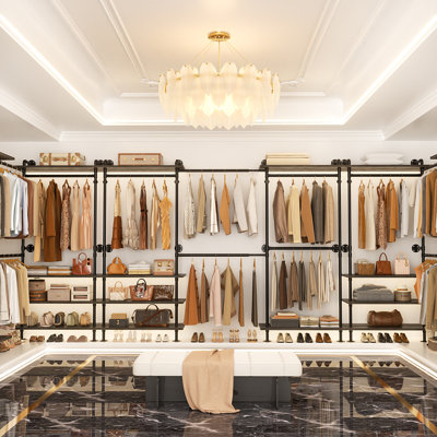 Support à vêtements en forme de C en L 55,5 po à 103,2 po, support à vêtements avec 3 tablettes en bois, support de rangement mural