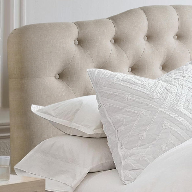Adjustable Height Headboard with Linen Upholstery and Button Tufting for Bedroom, Beige, Queen
