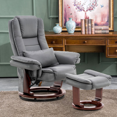 Faux Leather Recliner Chair with Massage and Ottoman, 360 Degree Swivel, Removable Lumbar Pillow