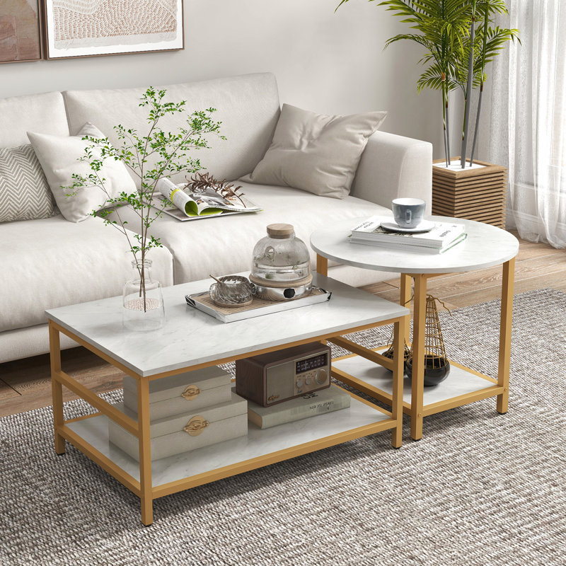 White Coffee Table , Faux Marble & Steel Construction, Living Area Room , Steel, Storage Included,