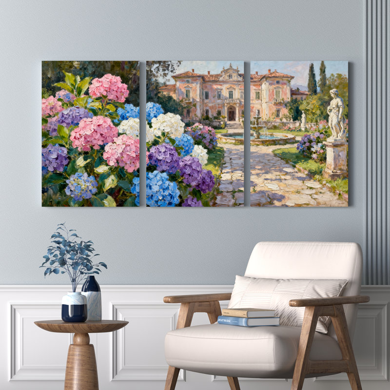Ensemble de 3 tableaux sur toile tendue représentant une villa et un jardin d'hortensias, H 30 po x l 60 po