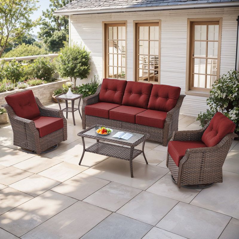 5-Piece Wicker Patio Furniture Set, 6-Inch  Thick Cushioned 360° Swivel Glider Chairs & Sofa, Red