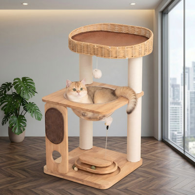 Arbre à chat en bois pour grands chats, tour d'arbre à chat moderne, tablettes larges, poteaux à griffer en coton, base très robuste, perchoirs confortables, jouets interactifs, pour chatons d'intérieur, 31 po