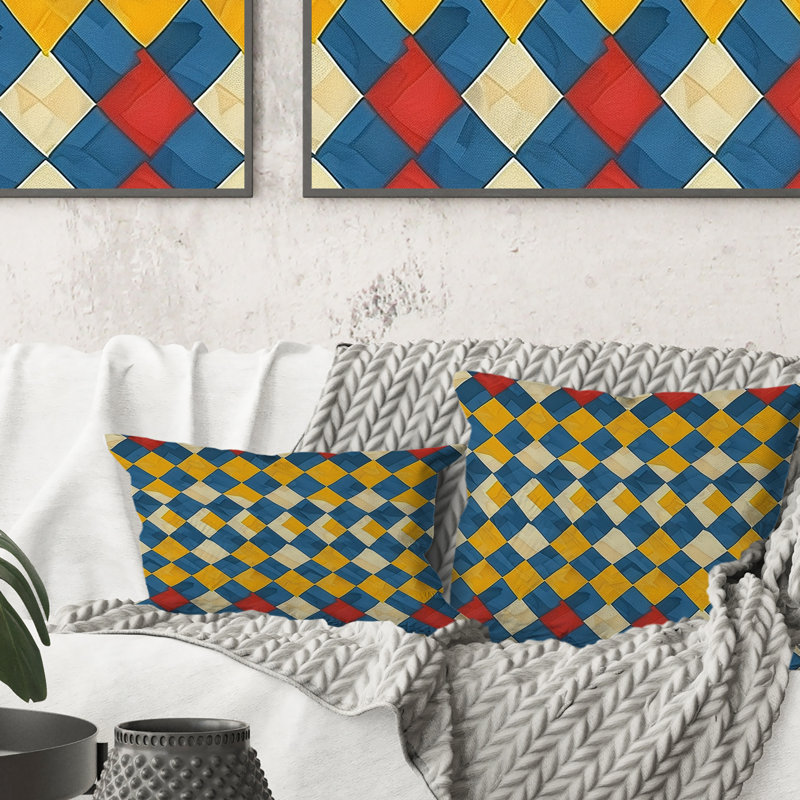 Coussin moderne bleu et jaune Houndstooth III, H 16 po x l 16 po
