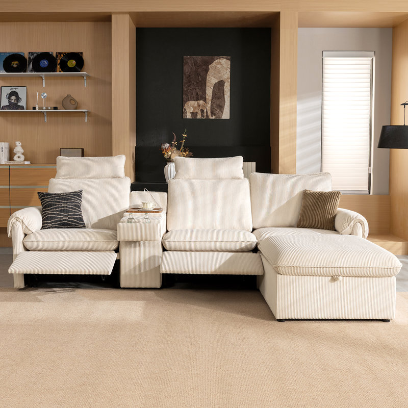Canapé d'angle 4 places moderne, modulable et inclinable électrique, avec console et pouf de rangement, en tissu velours côtelé blanc.