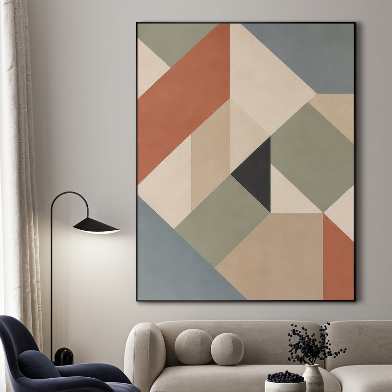 Très grand art mural imprimé sur tissu - Motif géométrique contemporain dans les tons sauge et terre cuite pour le salon ou la chambre à coucher - «Assemblage requis du cadre (cadre non fini)»