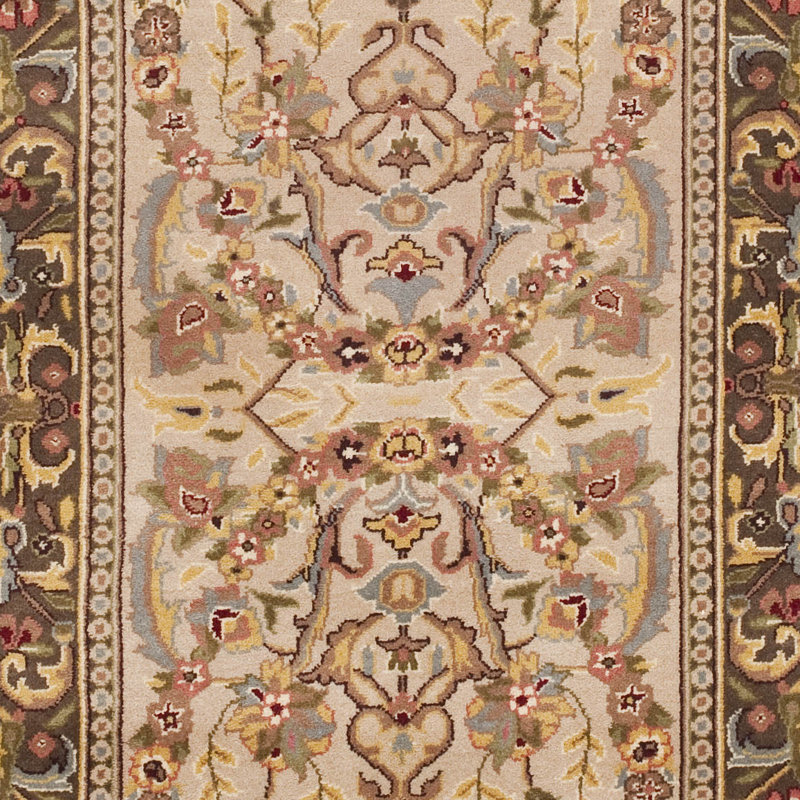 Beige and Tan Floral Hand-Knotted Wool Runner Rug
