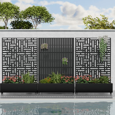 72" H X 141" W X 16" D Two-tone Patio Planter Box with Trellis Metal Raised Garden Bed with Wheels Privacy Screen