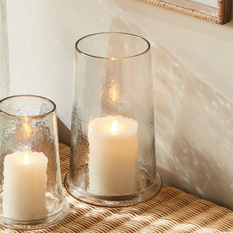 Lucerna Hammered Glass Hurricane Candle Holder Small in Clear, 10.75" H x 6.75" W x 6.75" D