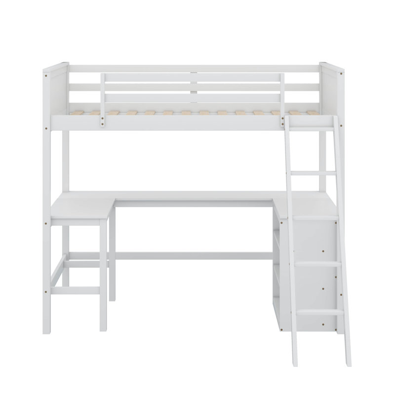 Lit mezzanine simple avec tablettes et bureau, Blanc