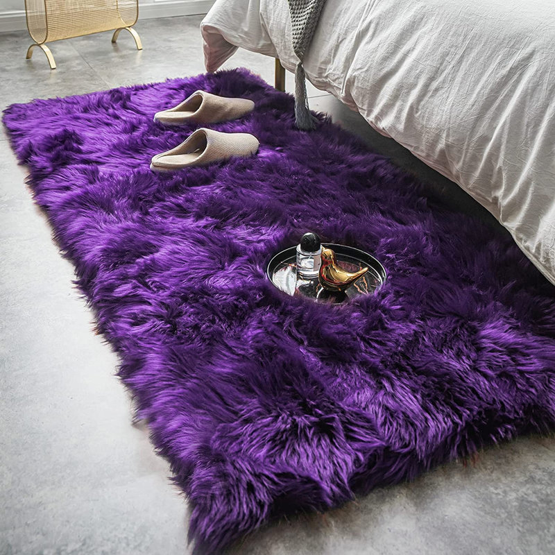 Grape Purple Faux Sheepskin Fur Fluffy Shag Area Rug, Runner 2' x 6'