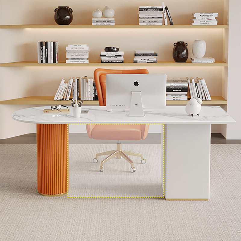 Bureau en bois manufacturé courbé orange avec 3 tiroirs, H 29,53 po x l 55,12 po x P 23,62 po, Blanc