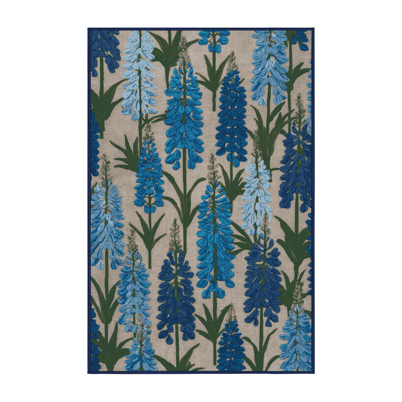 Machine Washable Botanical Blue Area Rug, Rectangle 2' x 3'